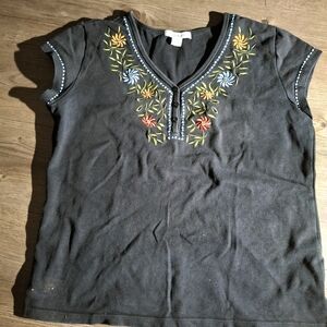 Dress Barn Black Top with Colorful Floral Embroidery